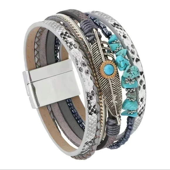 Bohemian Western Turquoise Faux Leather Layered Wrap Magnetic Bracelet - Picture 2 of 4